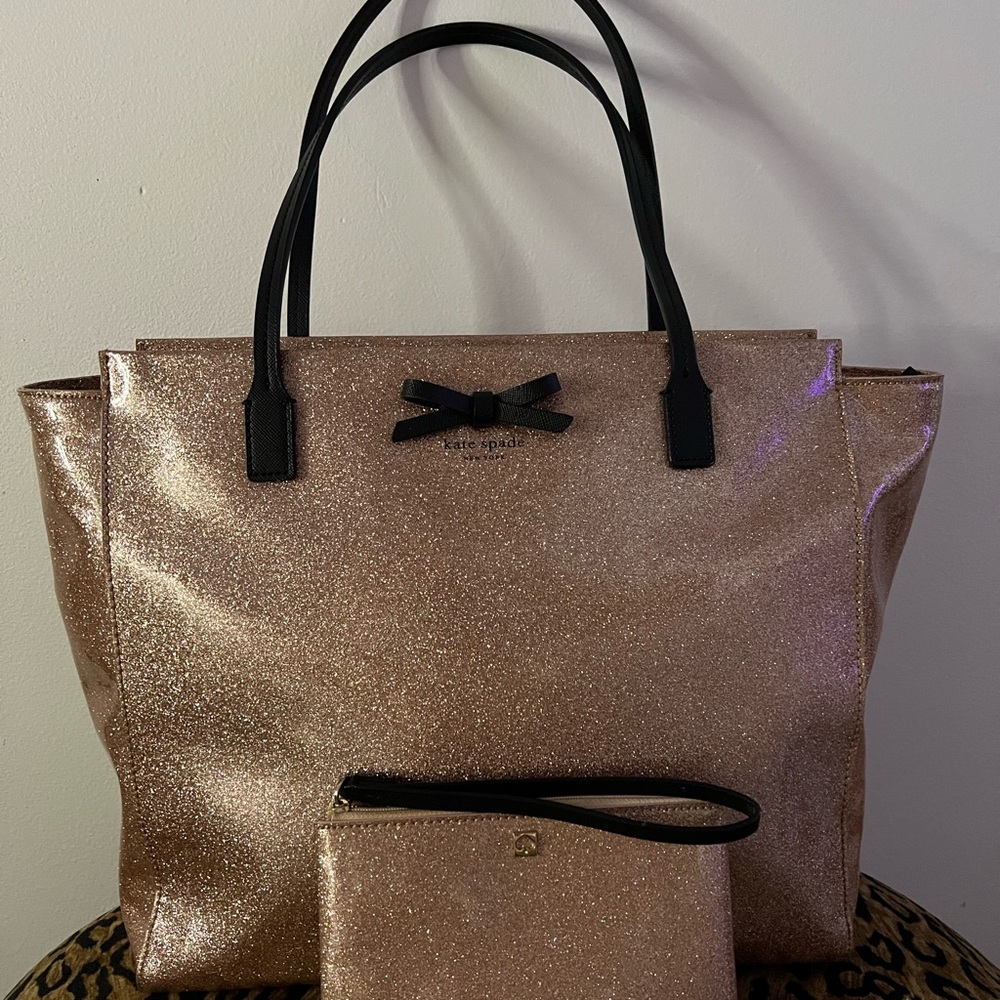 Kate Spade Sparkle Tote and Wristlet - Rose Gold and Black